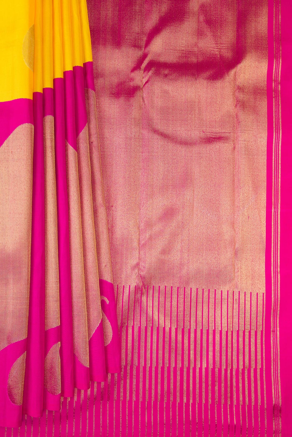Pleats and pallu of Pure Silk Pure Zari Yellow Kanjivaram Saree with Half And Half on the body and Zari Border. 