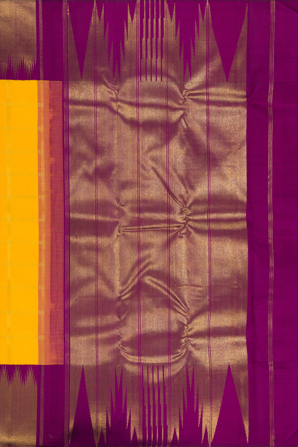Close up image of the pallu of Pure Silk Pure Zari Yellow Kanjivaram Saree with Checked design on the body and Temple Border. 
