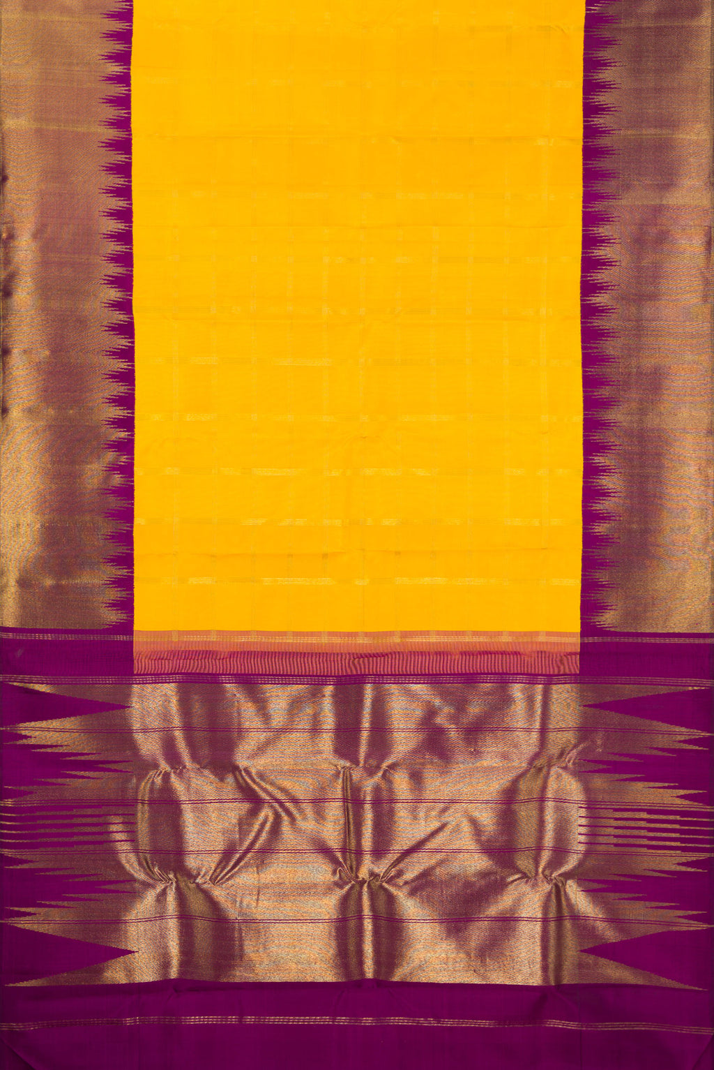 Flat view of Pure Silk Pure Zari Yellow Kanjivaram Saree with Checked design on the body and Temple Border. 