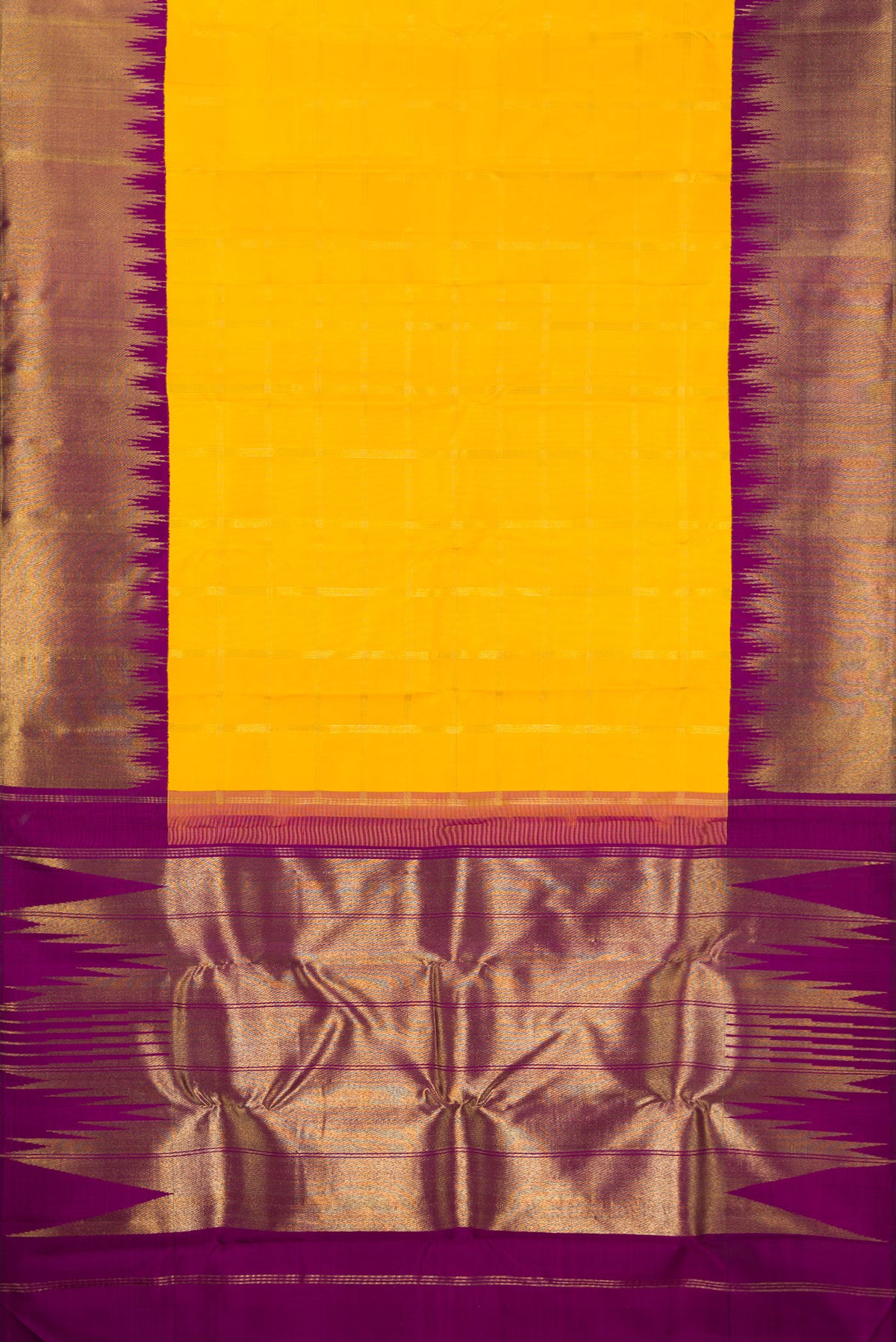Flat view of Pure Silk Pure Zari Yellow Kanjivaram Saree with Checked design on the body and Temple Border. 
