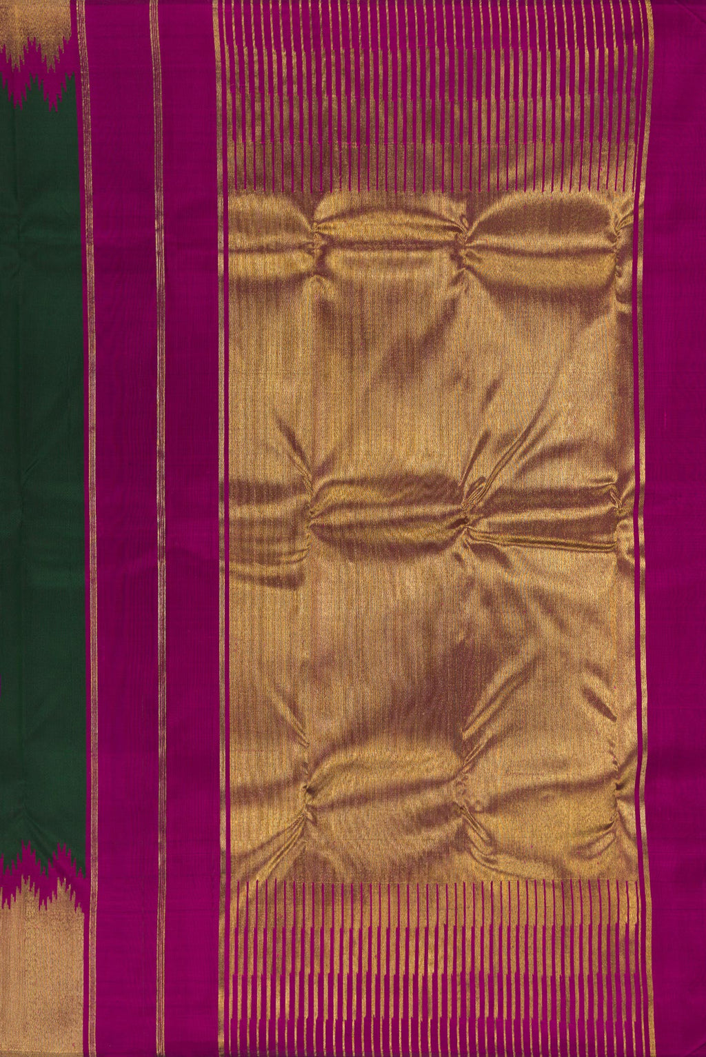 Close up image of the pallu of Pure Silk Pure Zari Bottle Green Kanjivaram Saree with Plain Body and Temple Border. 