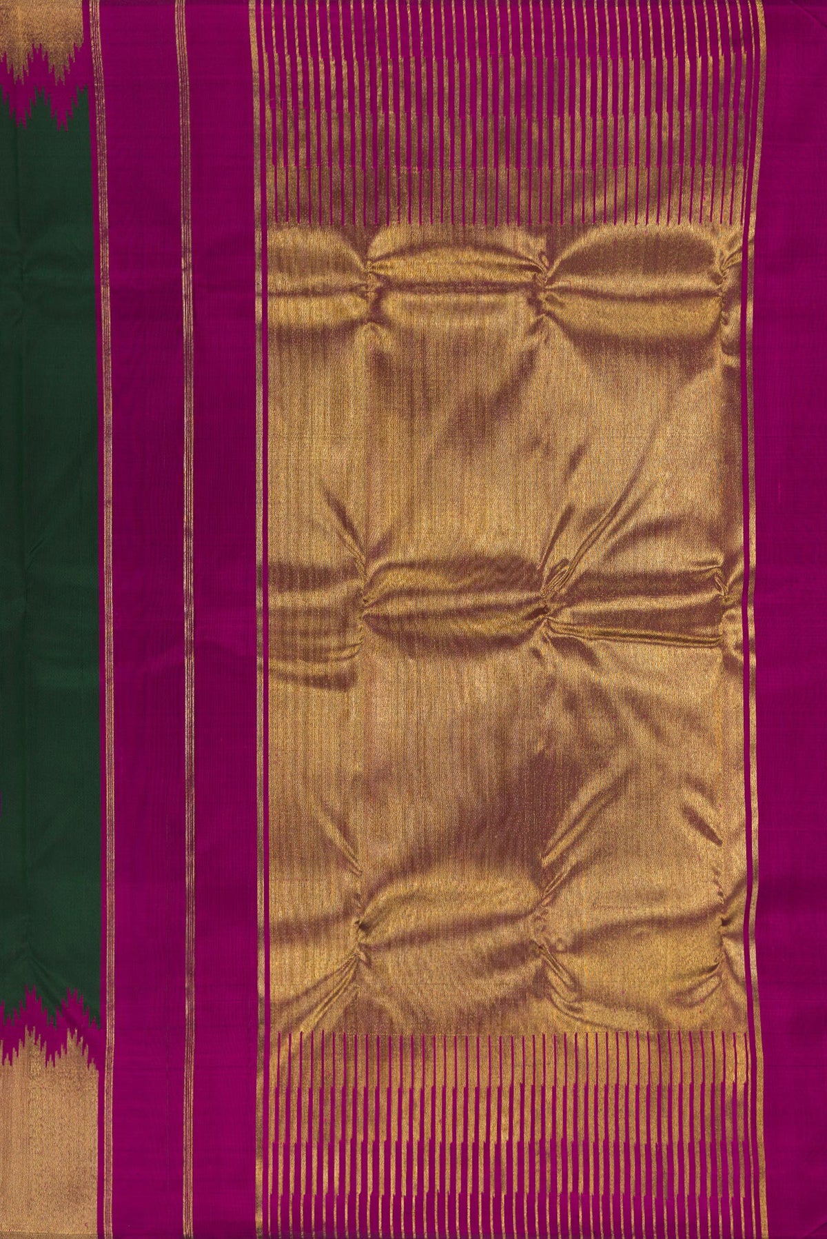 Close up image of the pallu of Pure Silk Pure Zari Bottle Green Kanjivaram Saree with Plain Body and Temple Border. 