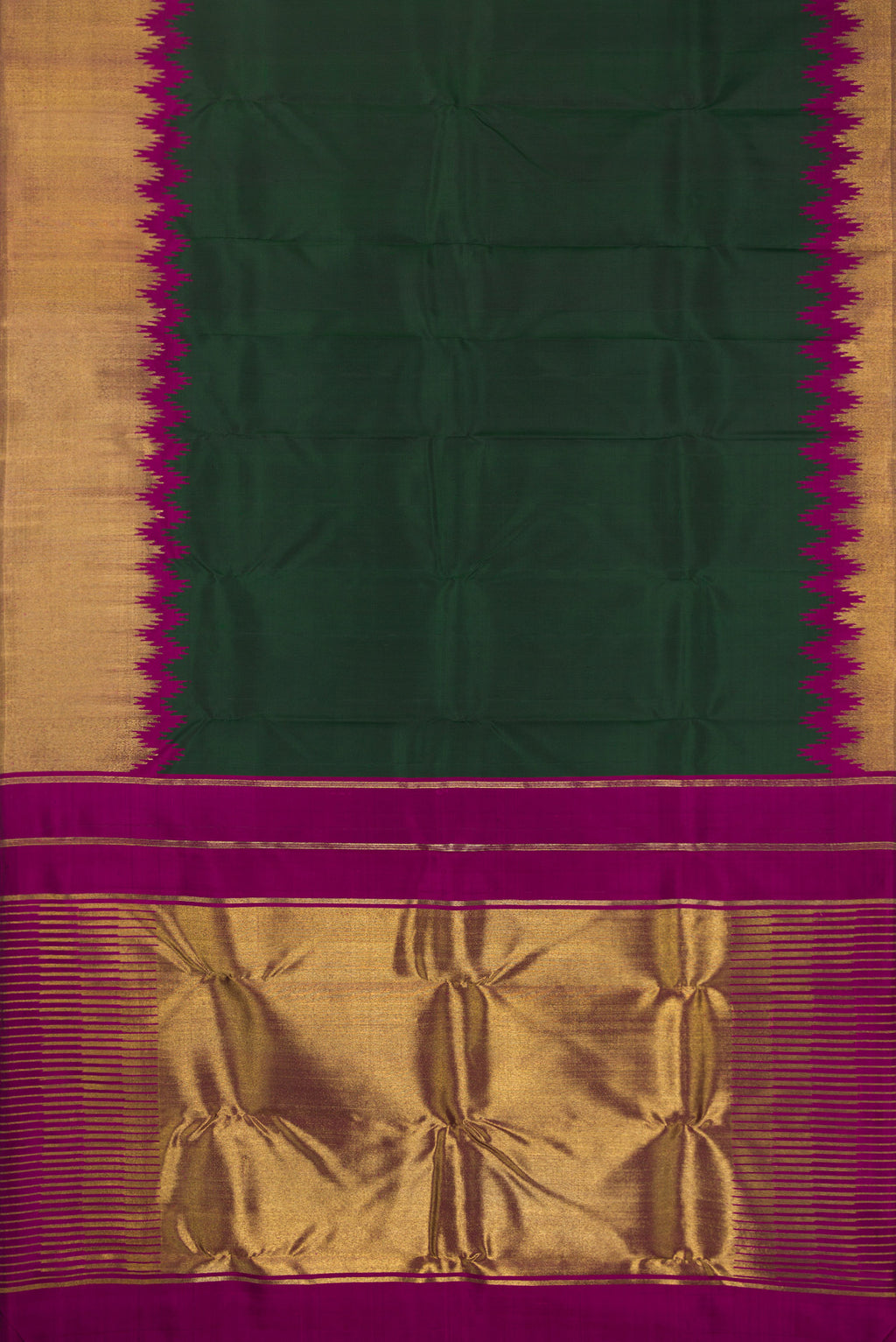 Flat view of Pure Silk Pure Zari Bottle Green Kanjivaram Saree with Plain Body and Temple Border. 