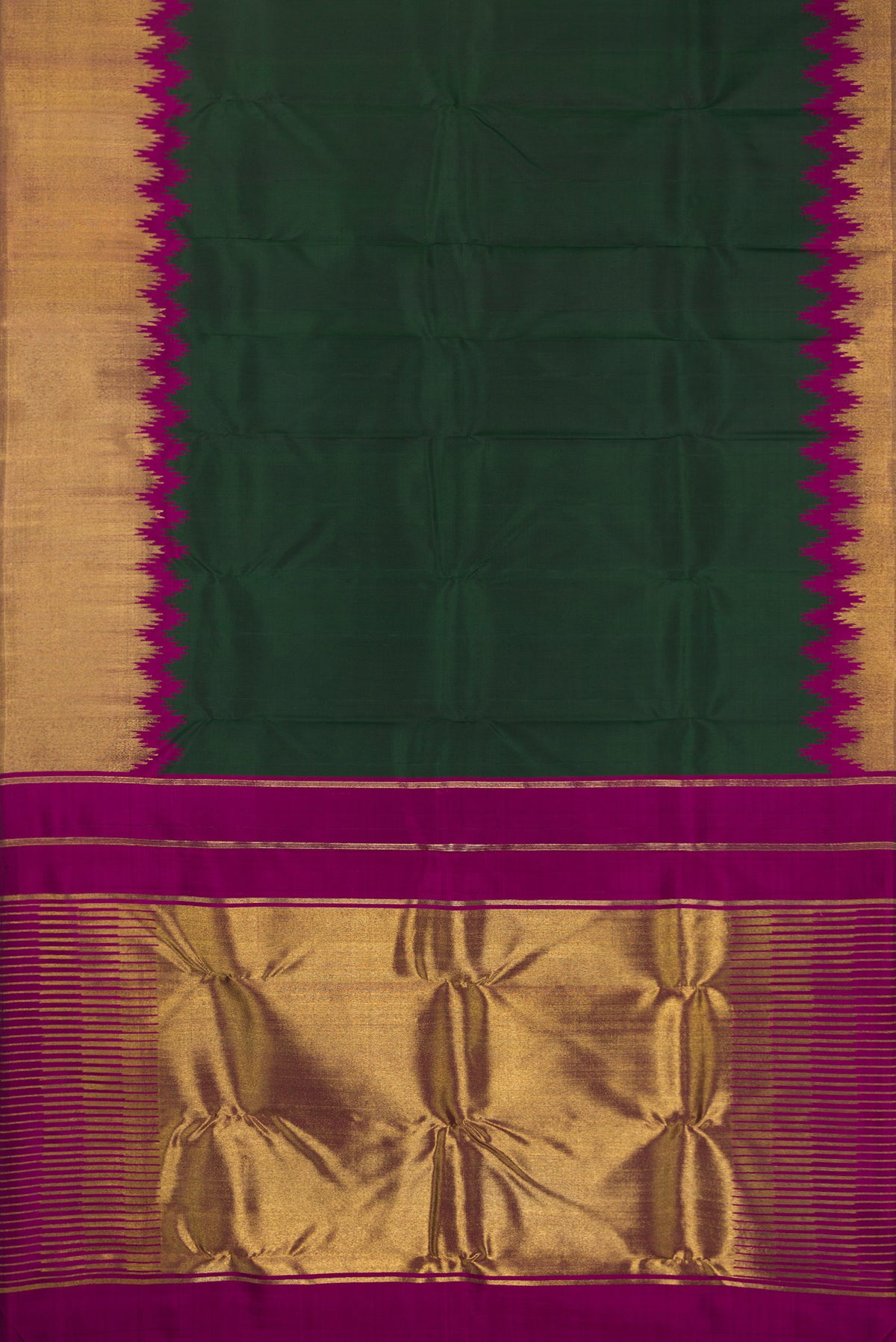 Flat view of Pure Silk Pure Zari Bottle Green Kanjivaram Saree with Plain Body and Temple Border. 