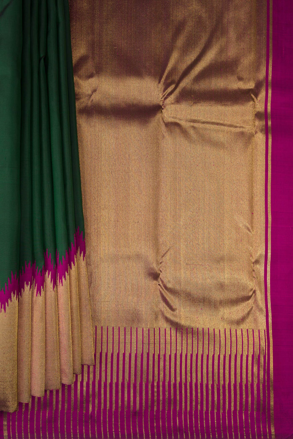 Pleats and pallu of Pure Silk Pure Zari Bottle Green Kanjivaram Saree with Plain Body and Temple Border. 