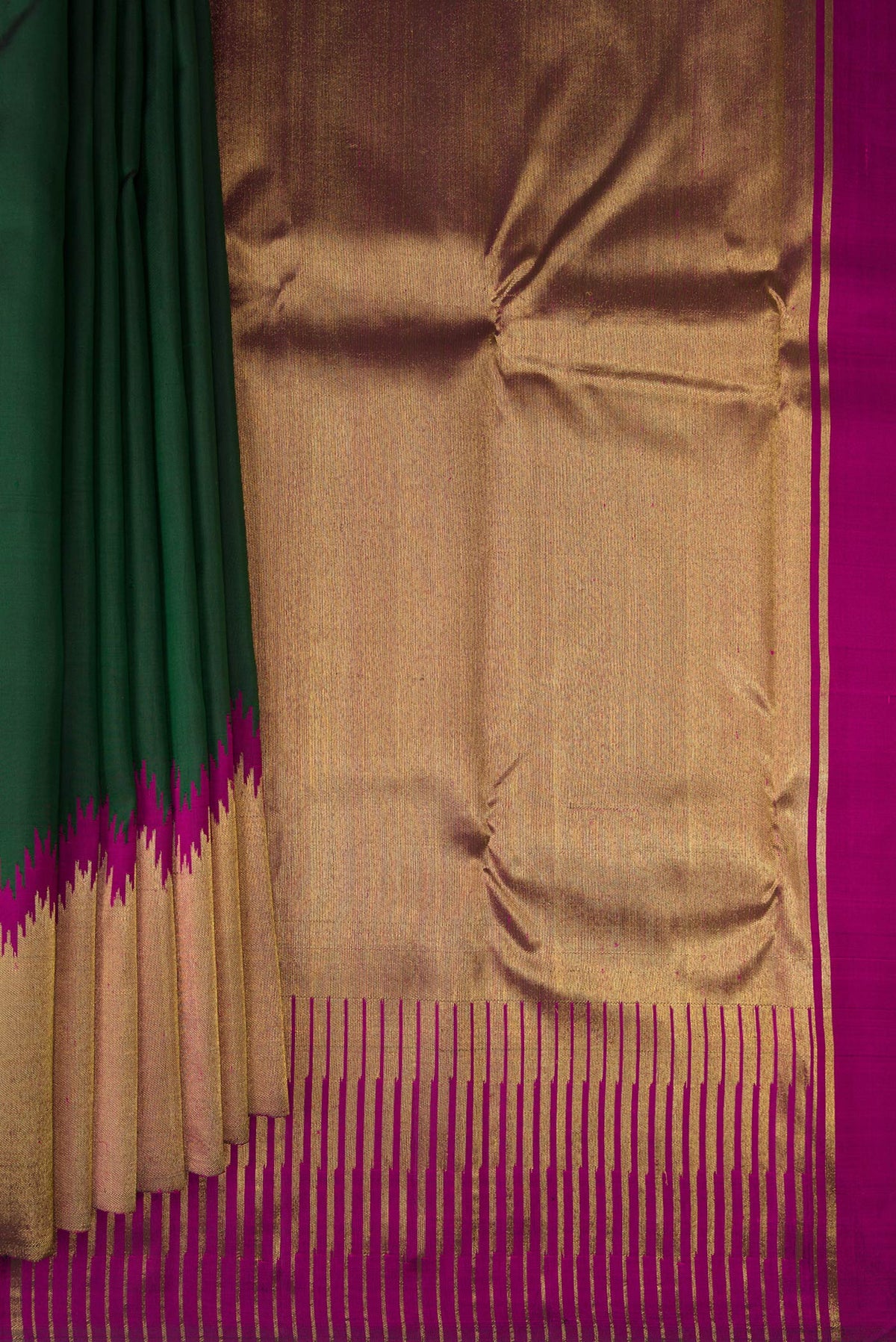 Pleats and pallu of Pure Silk Pure Zari Bottle Green Kanjivaram Saree with Plain Body and Temple Border. 