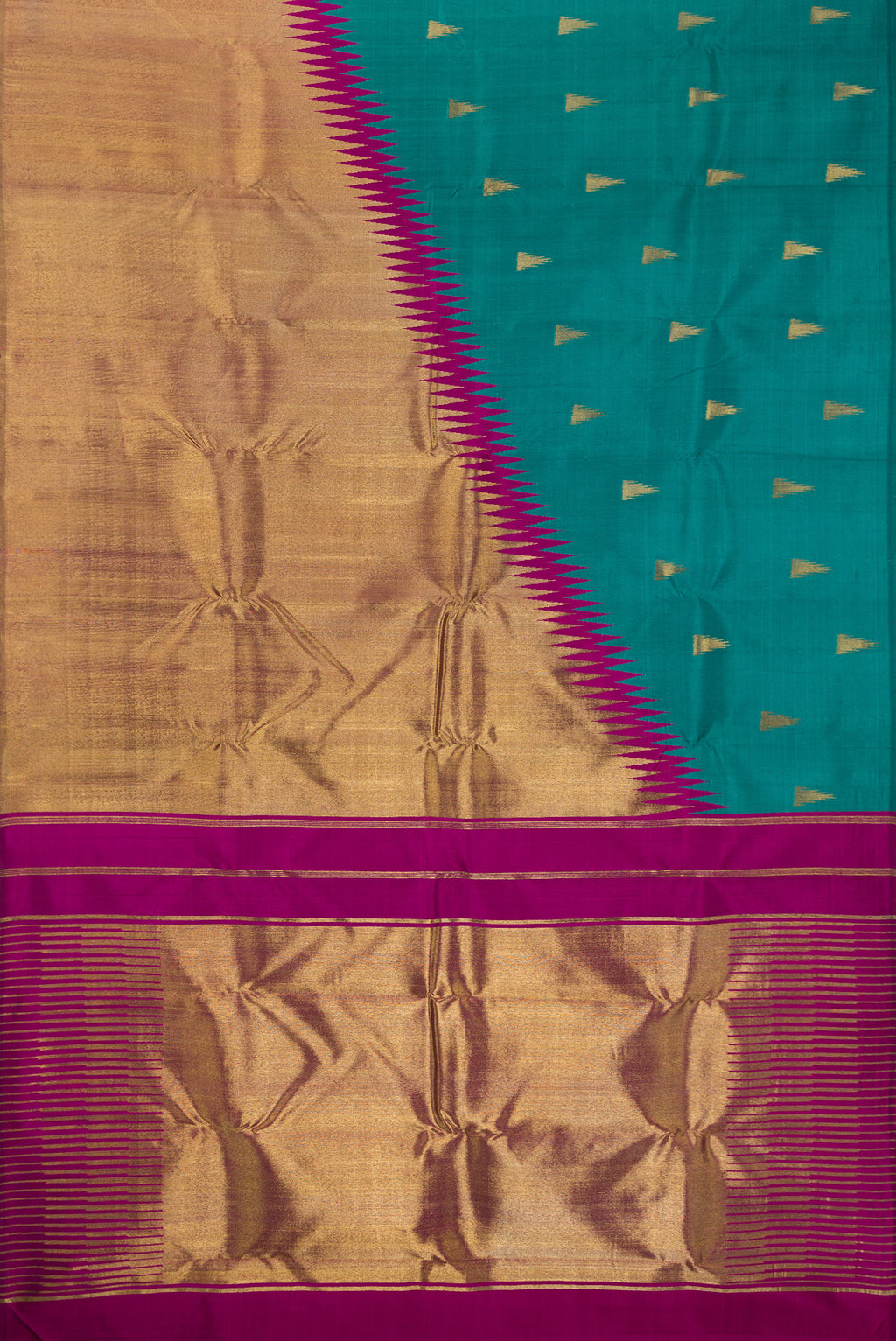 Flat view of Pure Silk Pure Zari Teal Kanjivaram Saree with Zari Butta on the body and Rising Temple Border. 