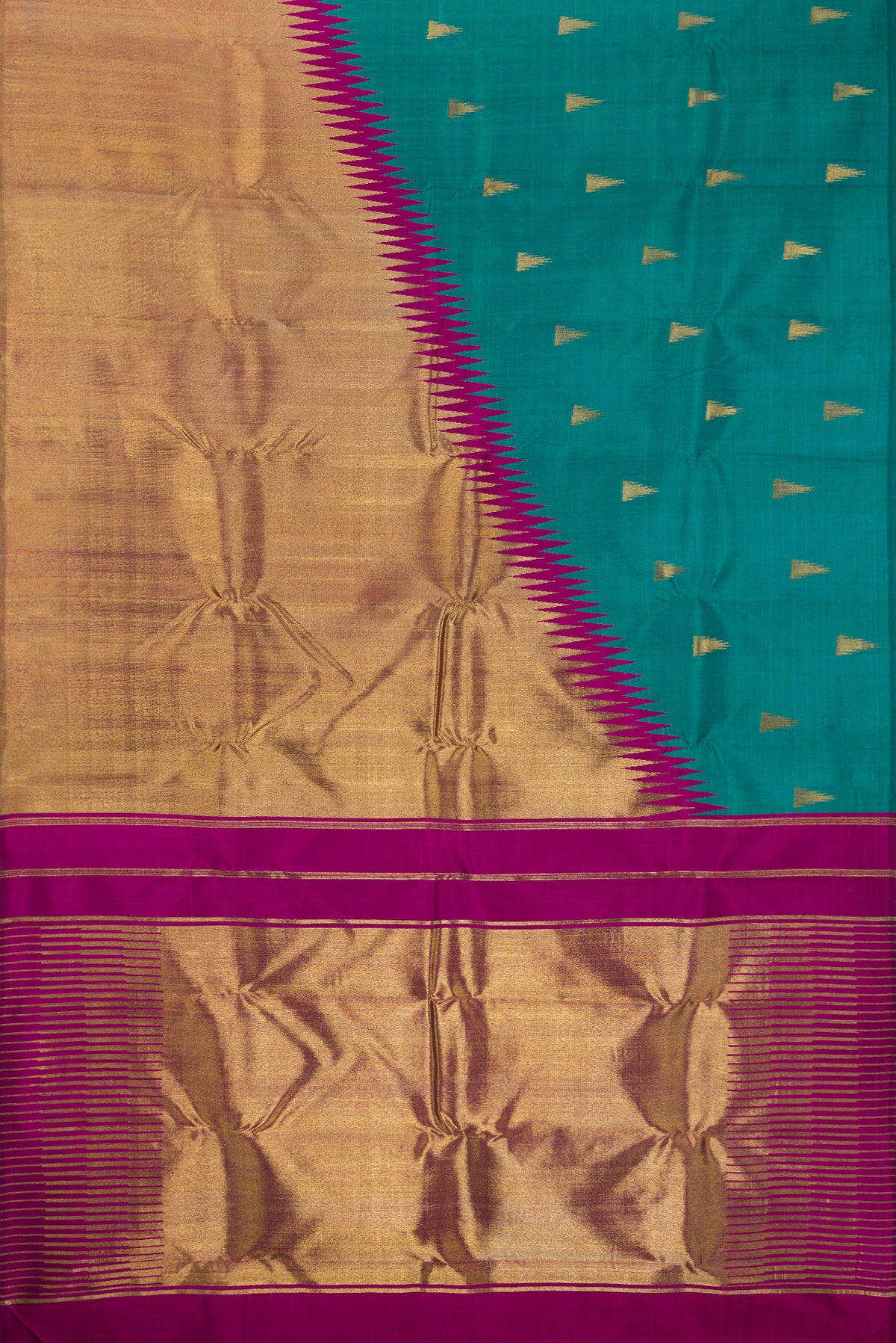 Flat view of Pure Silk Pure Zari Teal Kanjivaram Saree with Zari Butta on the body and Rising Temple Border. 