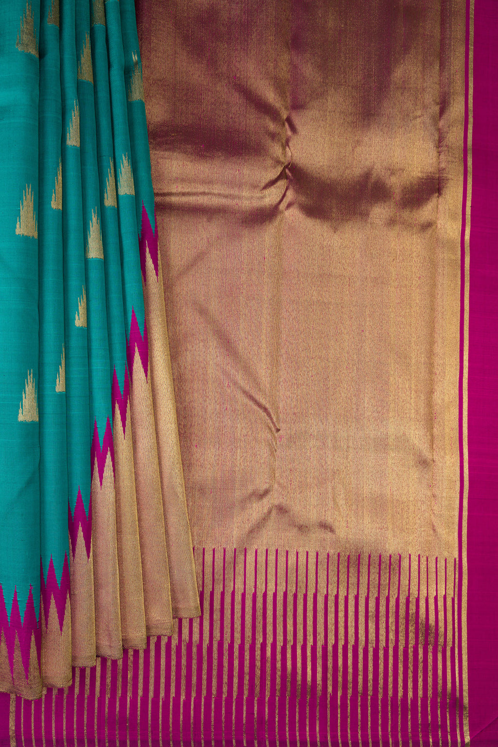 Pleats and pallu of Pure Silk Pure Zari Teal Kanjivaram Saree with Zari Butta on the body and Rising Temple Border. 
