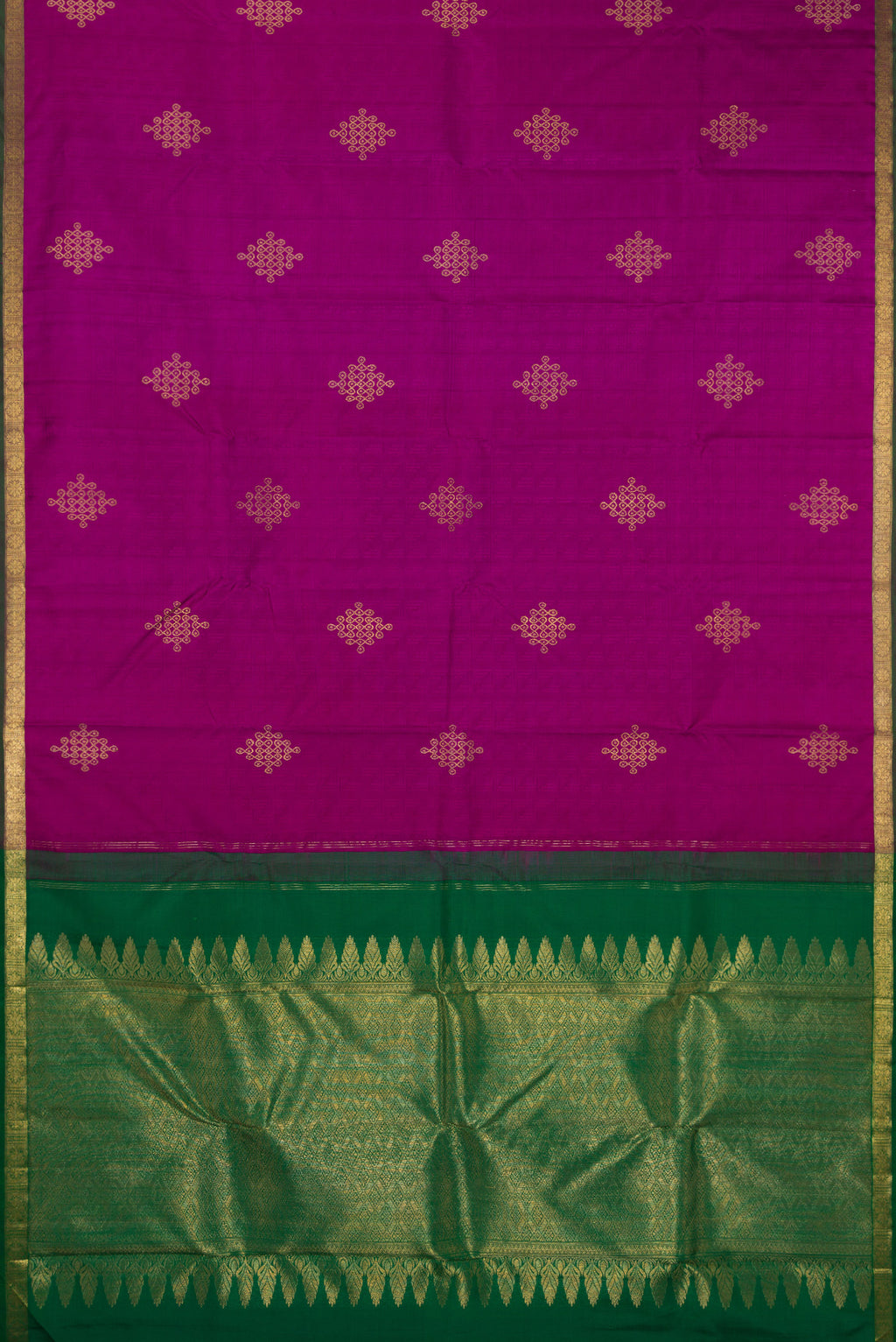 Flat view of Pure Silk Magenta Kanjivaram Saree with Jacquard With Zari Butta on the body and Zari Border. 