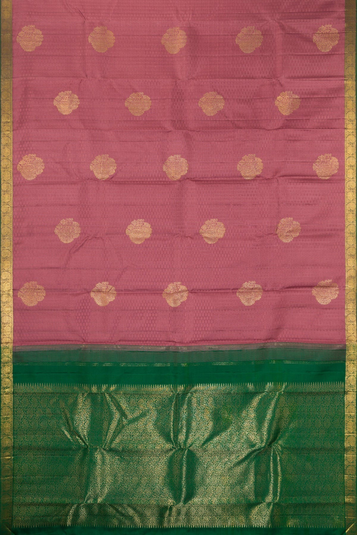 Flat view of Pure Silk Peach Kanjivaram Saree with Jacquard With Zari Butta on the body and Zari Border. 