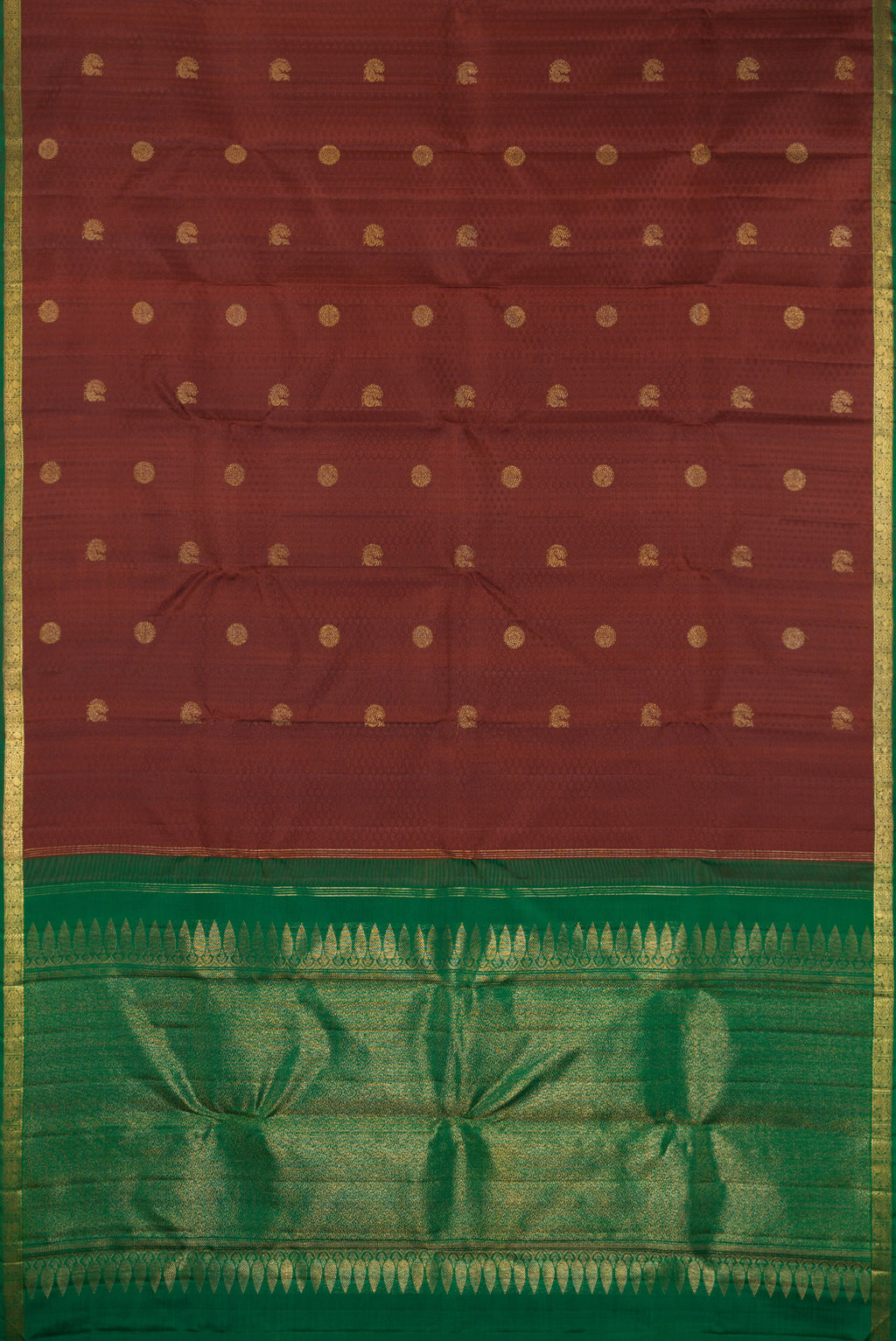 Flat view of Pure Silk Brown Kanjivaram Saree with Jacquard With Zari Butta on the body and Zari Border. 