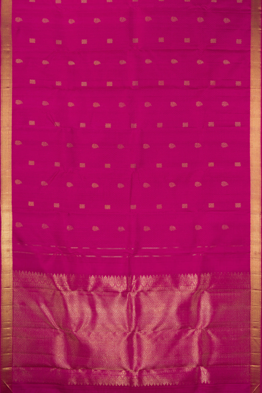 Flat view of Pure Silk Pink Kanjivaram Saree with Jacquard With Zari Butta on the body and Zari Border. 