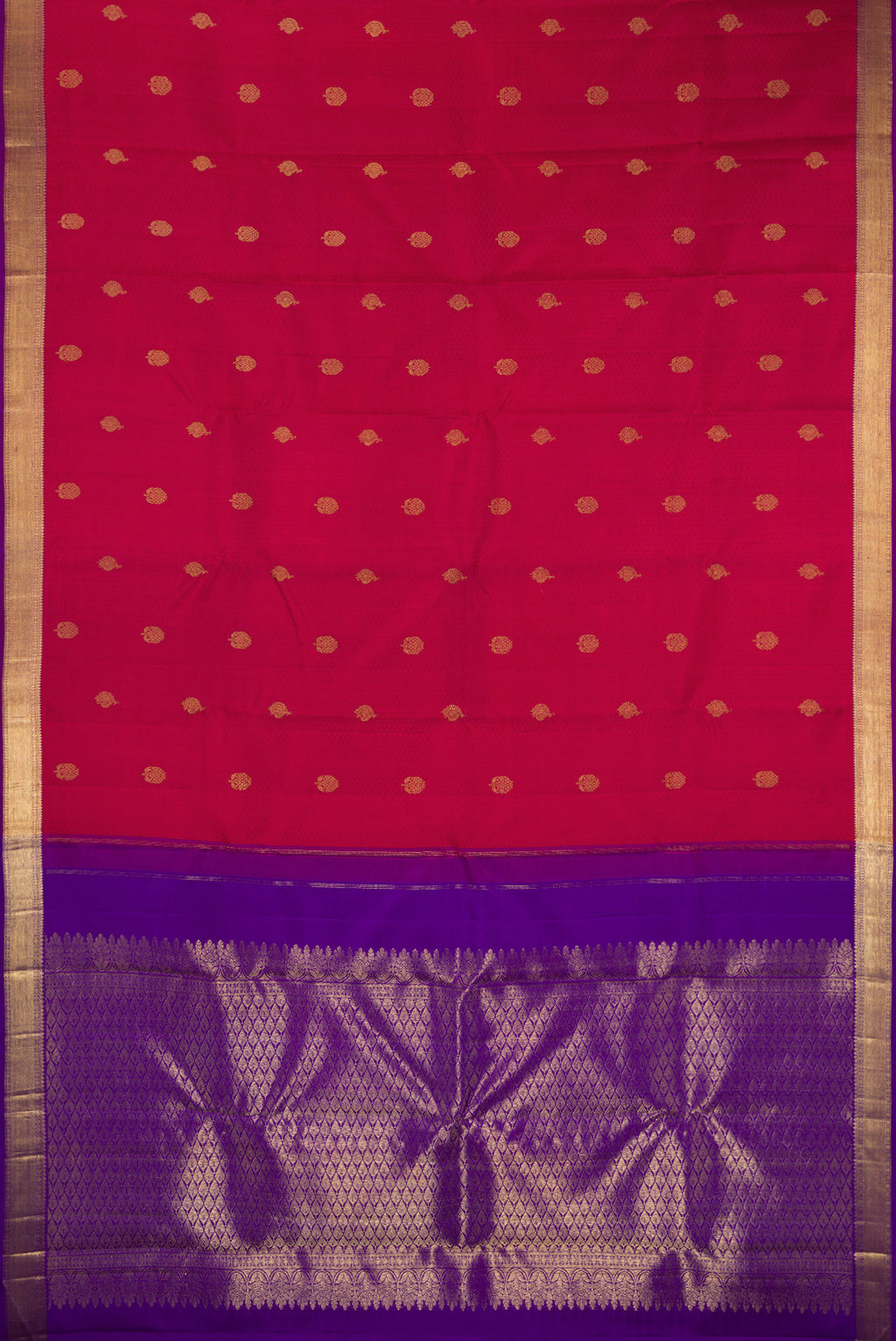 Flat view of Pure Silk Red Kanjivaram Saree with Jacquard With Zari Butta on the body and Zari Border. 
