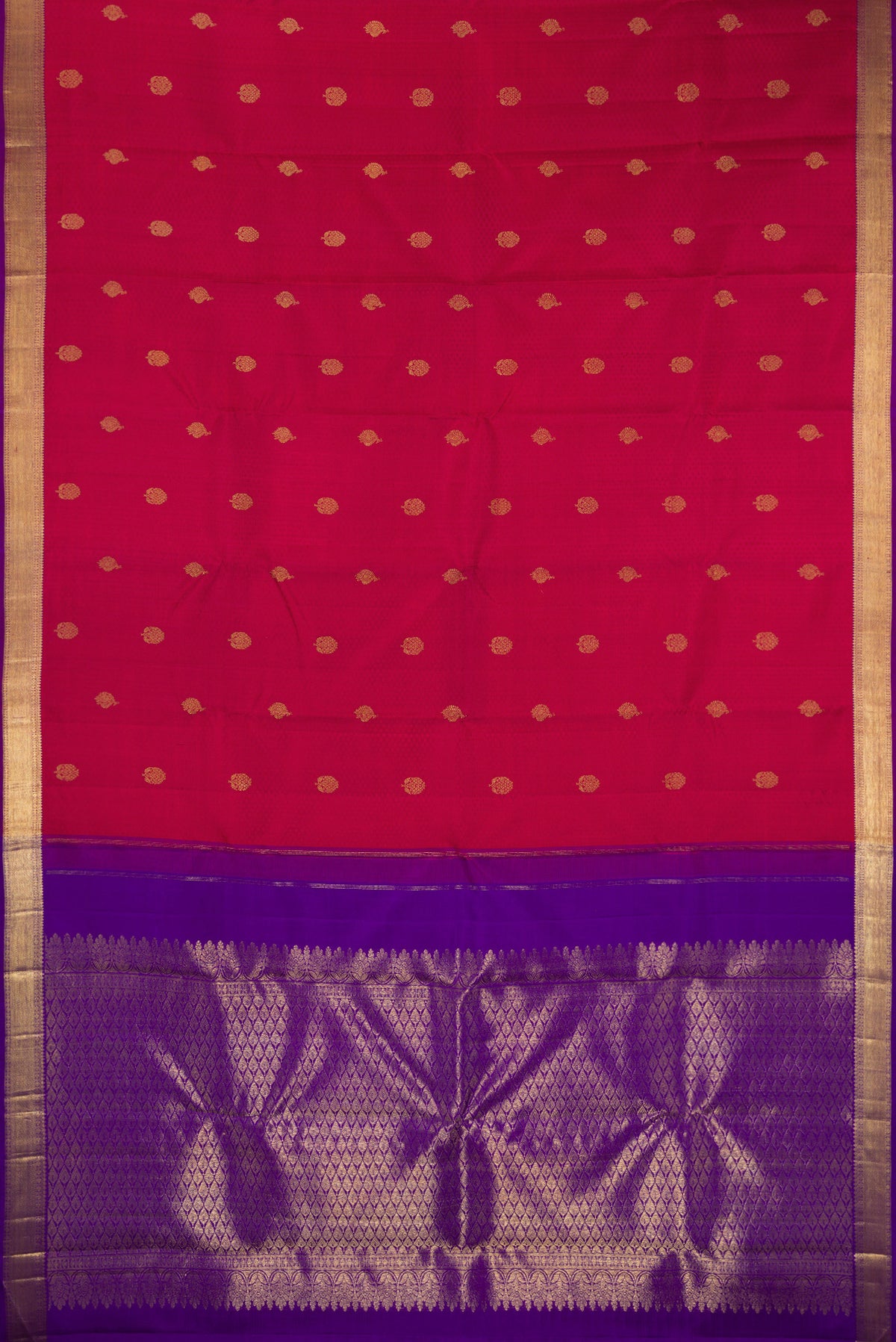 Flat view of Pure Silk Red Kanjivaram Saree with Jacquard With Zari Butta on the body and Zari Border. 