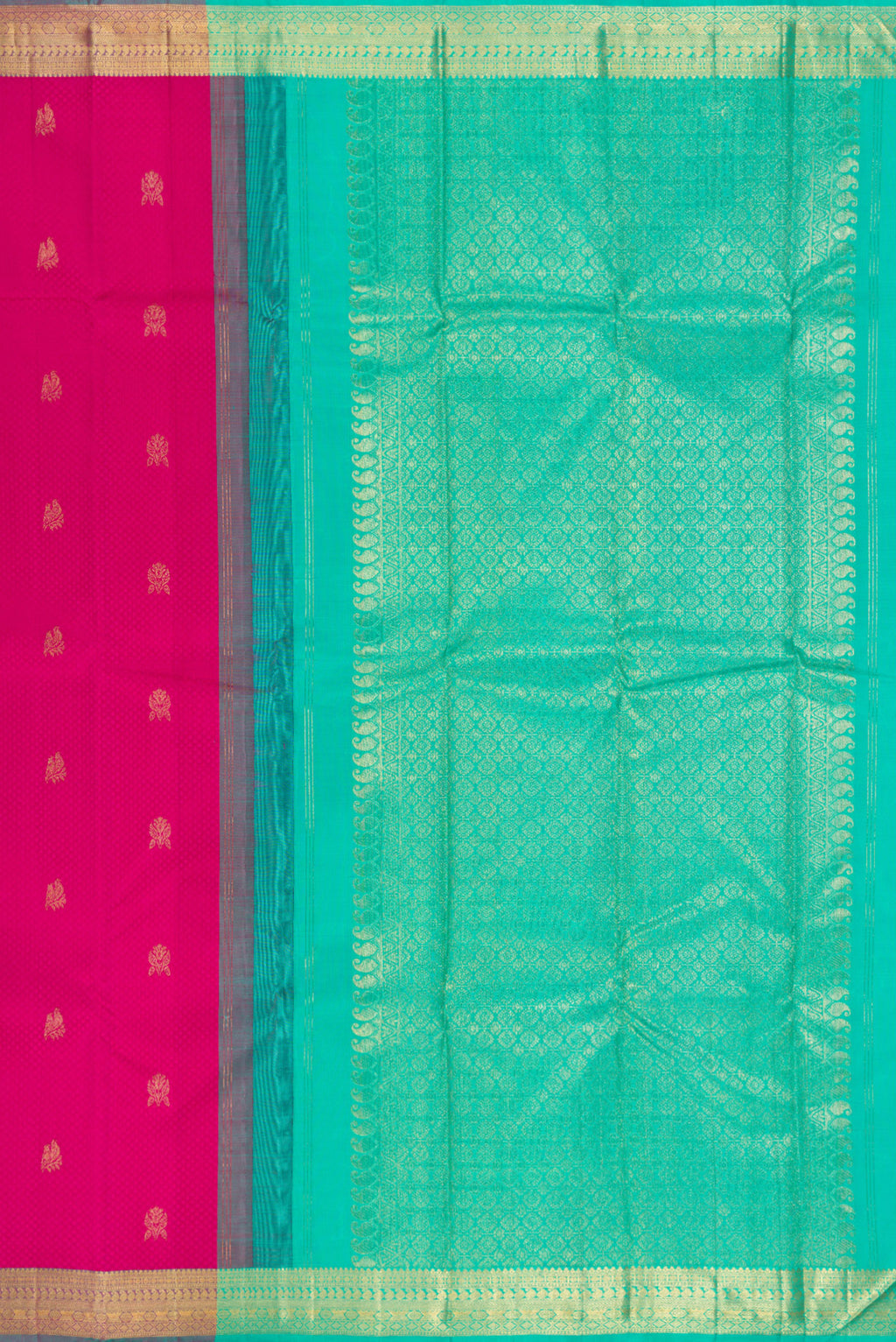 Close up image of the pallu of Pure Silk Pink Kanchipuram Saree with Jacquard With Zari Butta on the body and Zari Border. 