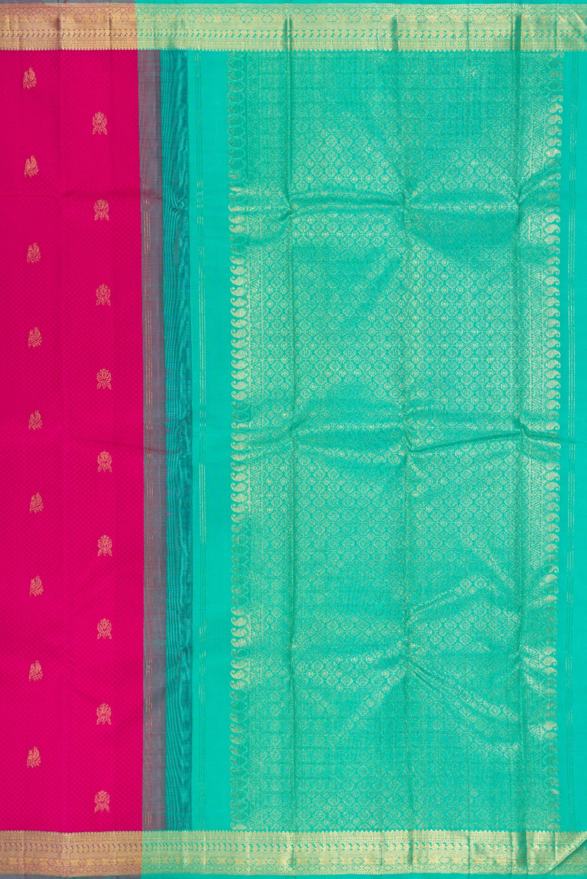Close up image of the pallu of Pure Silk Pink Kanchipuram Saree with Jacquard With Zari Butta on the body and Zari Border. 