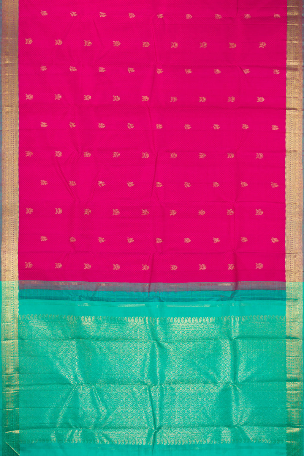 Flat view of Pure Silk Pink Kanchipuram Saree with Jacquard With Zari Butta on the body and Zari Border. 