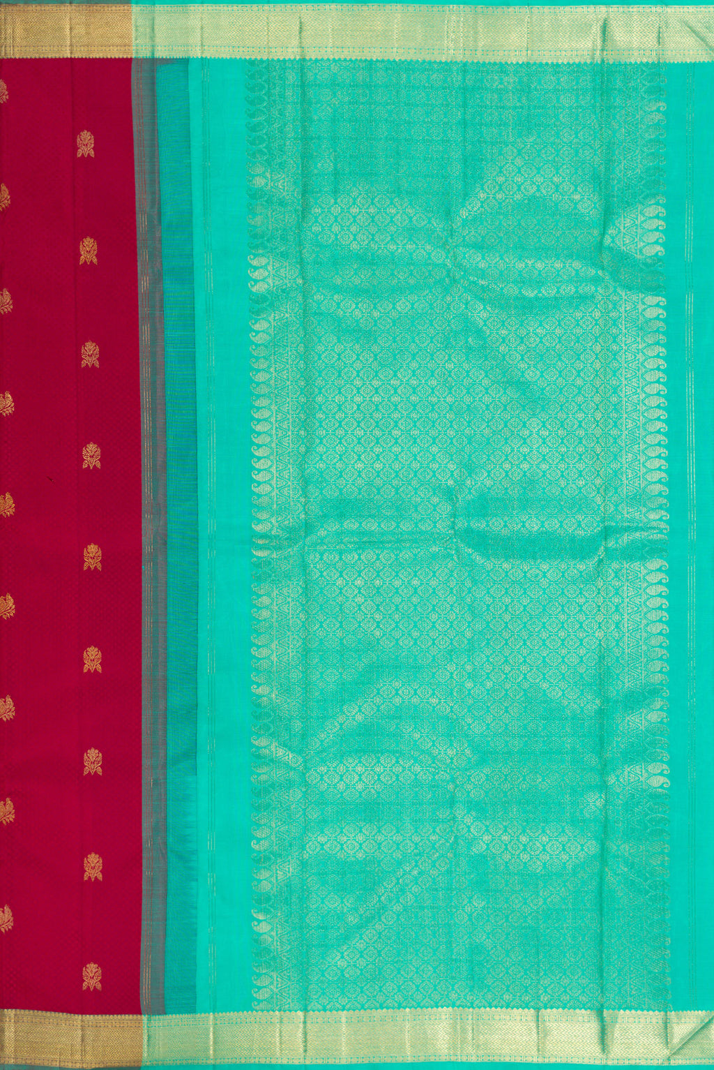 Close up image of the pallu of Pure Silk Deep Red Kanchipuram Saree with Jacquard With Zari Butta on the body and Zari Border. 