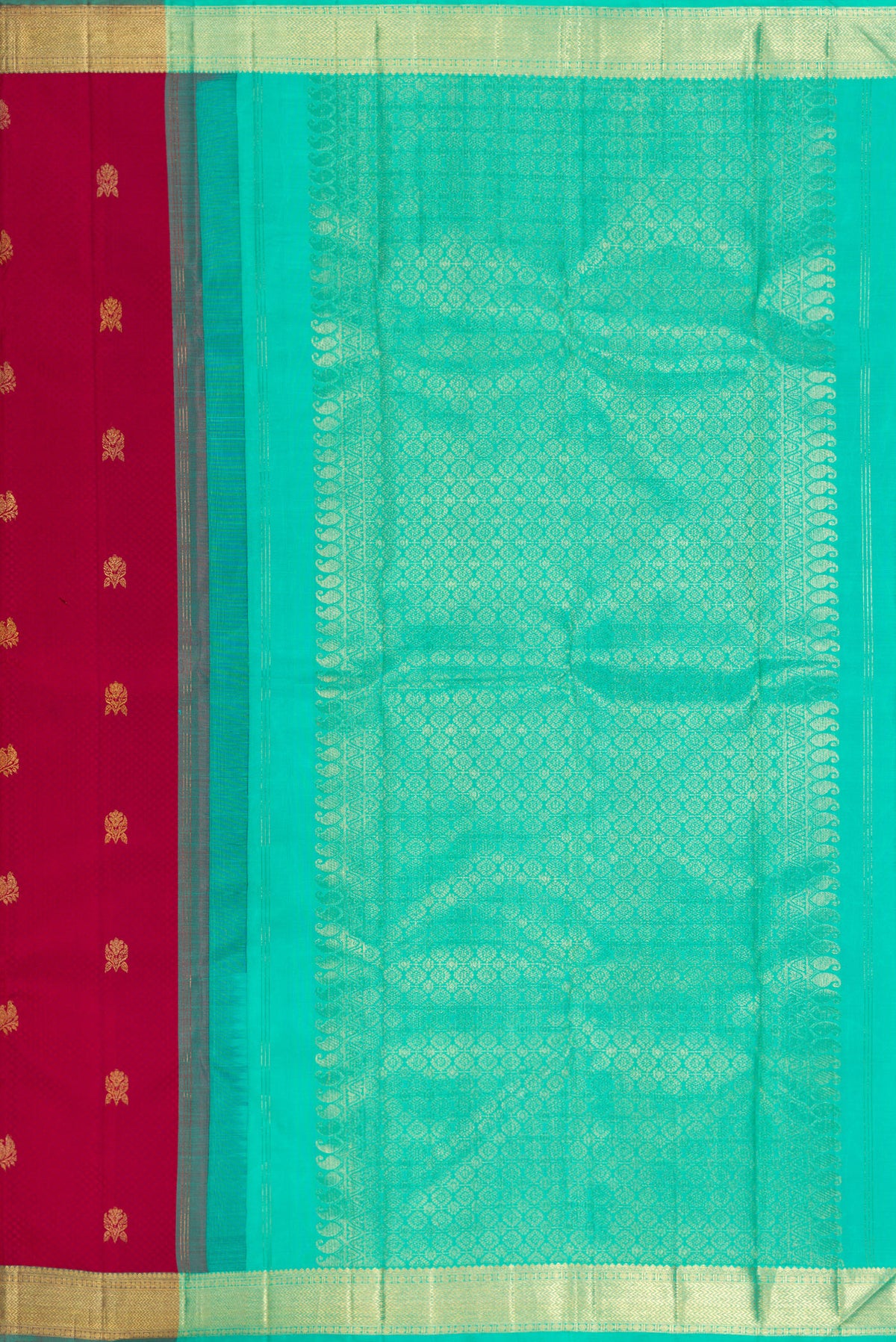 Close up image of the pallu of Pure Silk Deep Red Kanchipuram Saree with Jacquard With Zari Butta on the body and Zari Border. 