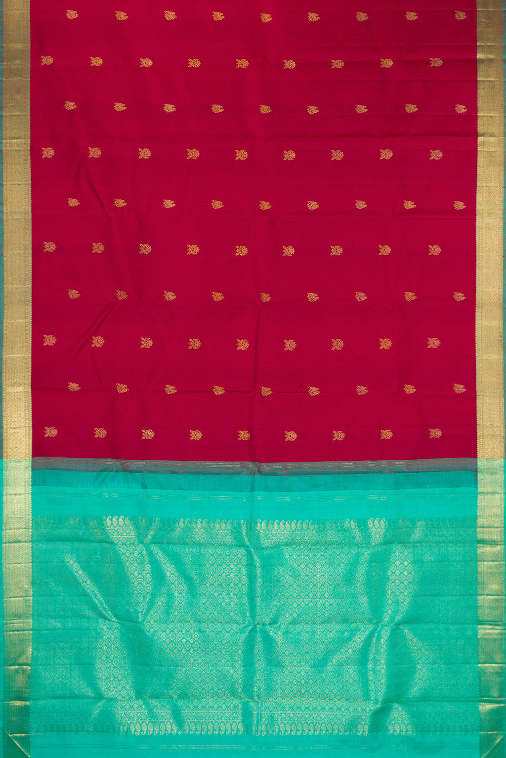 Flat view of Pure Silk Deep Red Kanchipuram Saree with Jacquard With Zari Butta on the body and Zari Border. 