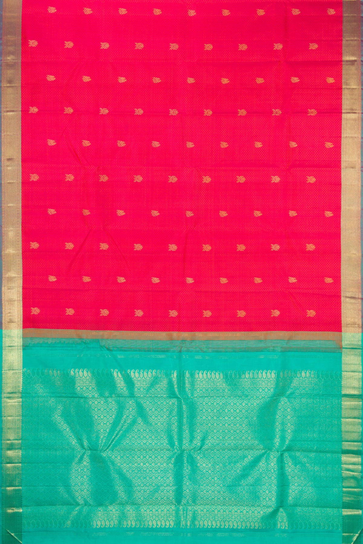 Flat view of Pure Silk Coral Kanchipuram Saree with Jacquard With Zari Butta on the body and Zari Border. 
