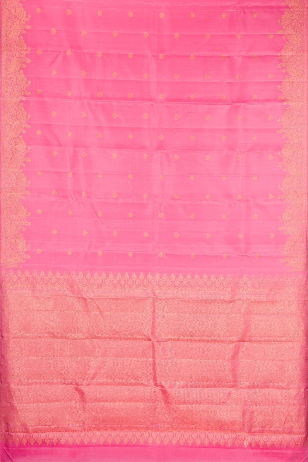Flat view of Pure Silk Pink Kanjivaram Saree with Zari Butta on the body and Fancy Border. 
