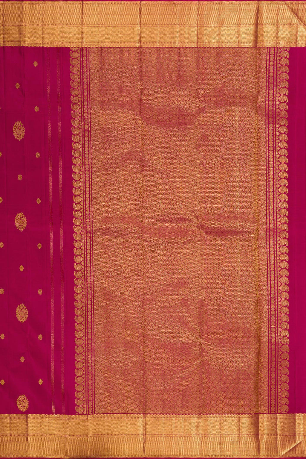 Close up image of the pallu of Pure Silk Maroon Kanjivaram Saree with Zari Butta on the body and Zari Border. 