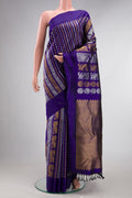 Pure Silk Dark Blue Kanjivaram Saree with Zari Butta on the body and Plain Border.  displayed on a mannequin