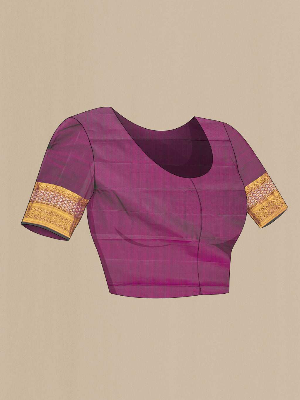 Close up image of the blouse of Pure Silk Dark Pink Dual Tone Kanjivaram Saree with Zari Butta on the body and Zari Border. 