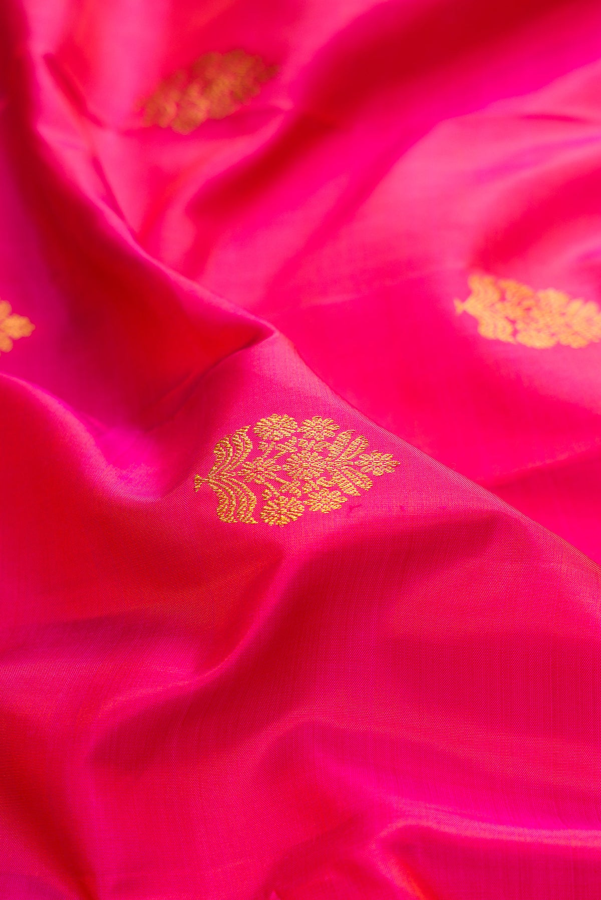 Close up of Pure Silk Dark Pink Dual Tone Kanjivaram Saree with Zari Butta on the body and Zari Border.  displaying folds