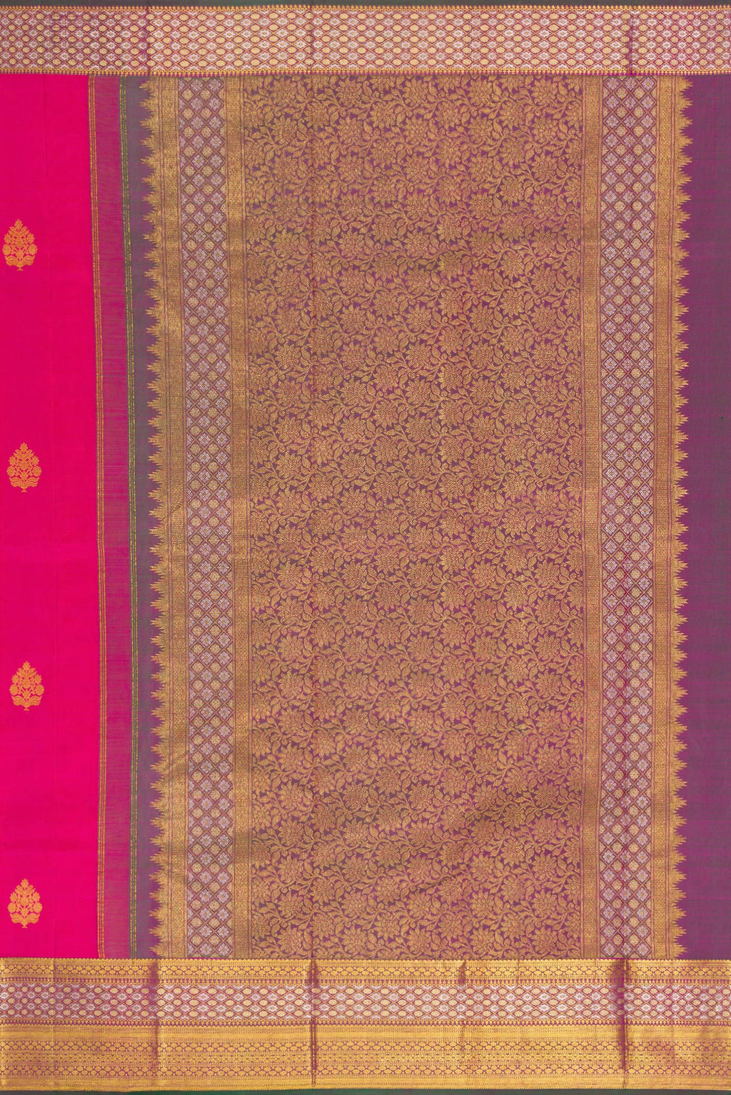 Close up image of the pallu of Pure Silk Dark Pink Dual Tone Kanjivaram Saree with Zari Butta on the body and Zari Border. 
