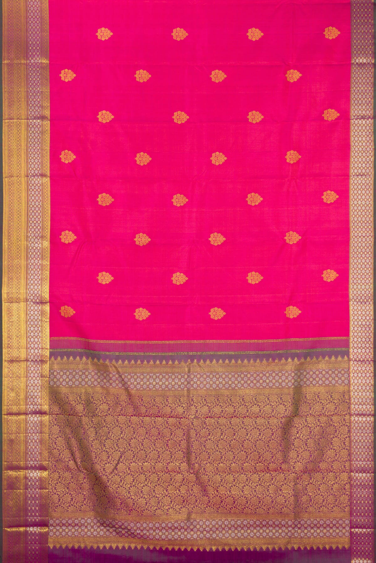 Flat view of Pure Silk Dark Pink Dual Tone Kanjivaram Saree with Zari Butta on the body and Zari Border. 