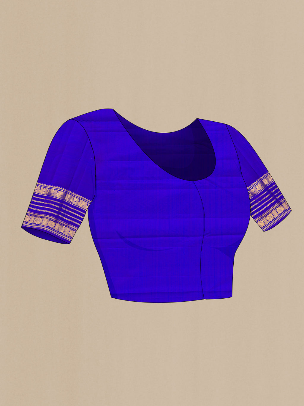 Close up image of the blouse of Pure Silk Peacock Blue Dual Tone Kanjivaram Saree with Stripes on the body and Zari Border. 