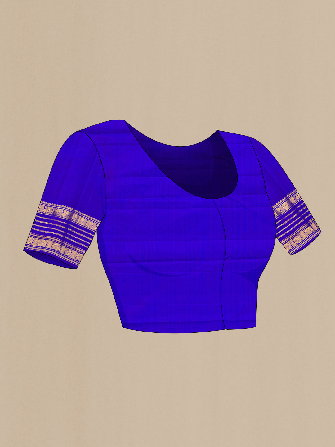 Close up image of the blouse of Pure Silk Peacock Blue Dual Tone Kanjivaram Saree with Stripes on the body and Zari Border. 
