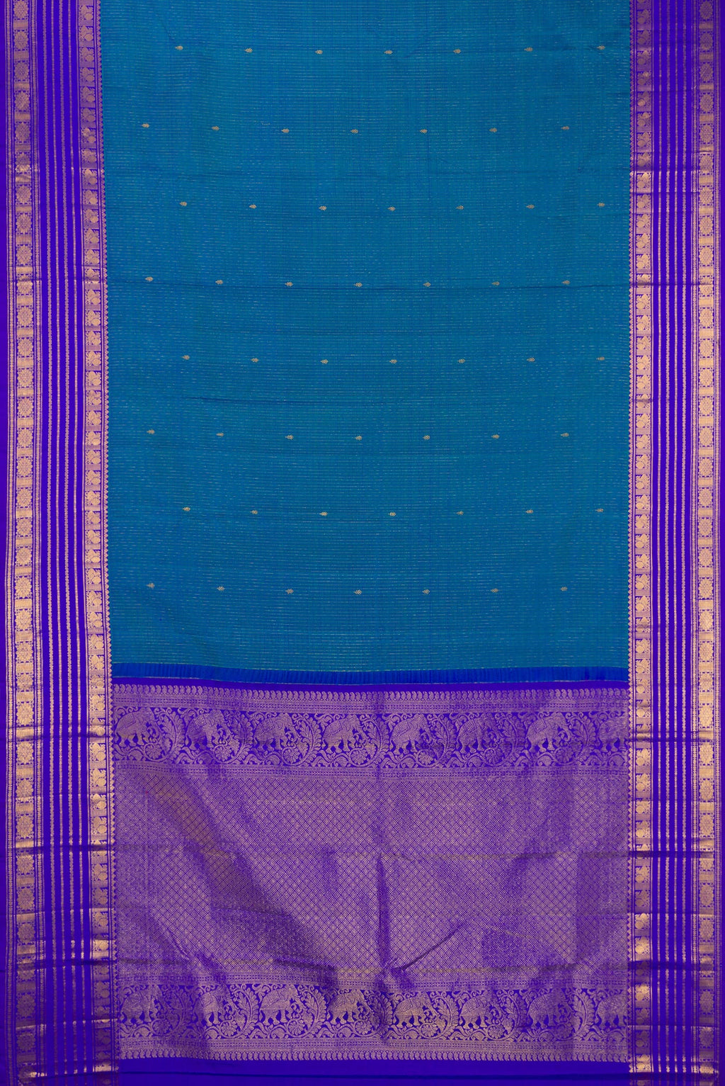 Flat view of Pure Silk Peacock Blue Dual Tone Kanjivaram Saree with Stripes on the body and Zari Border. 