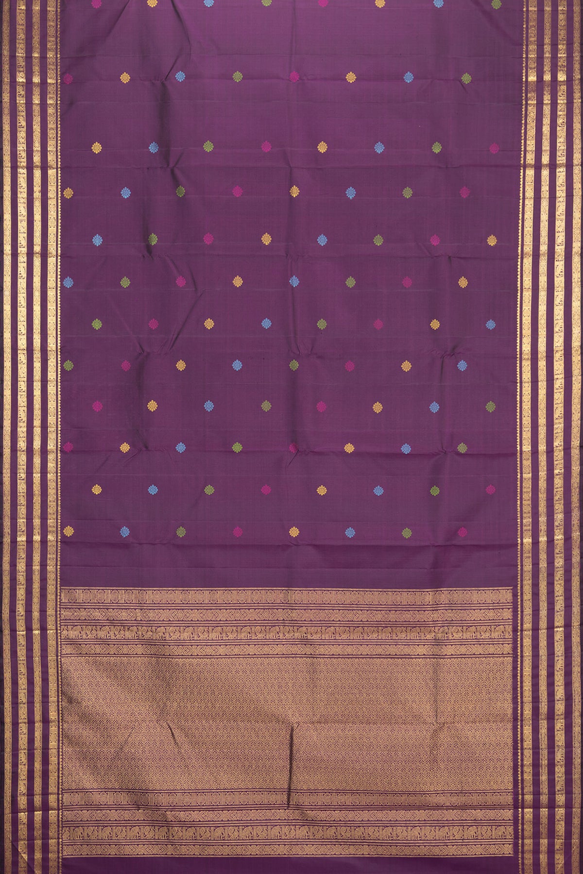 Flat view of Pure Silk Purple Kanchipuram Saree with Thread Butta on the body and Zari Border. 