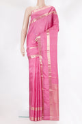 Pure Silk Rose pink Kanchipuram Saree with Zari Butta on the body and Zari Border.  displayed on a mannequin
