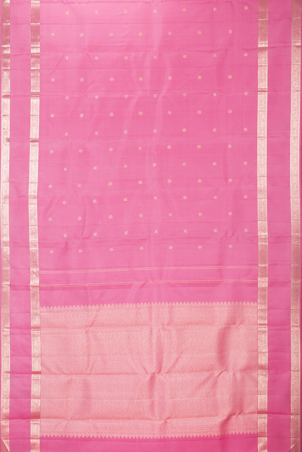 Flat view of Pure Silk Rose pink Kanchipuram Saree with Zari Butta on the body and Zari Border. 