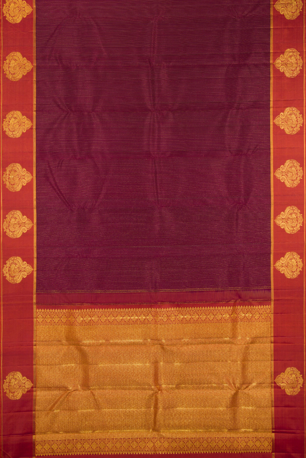 Flat view of Pure Silk Maroon Kanchipuram Saree with Stripes on the body and Fancy Border. 