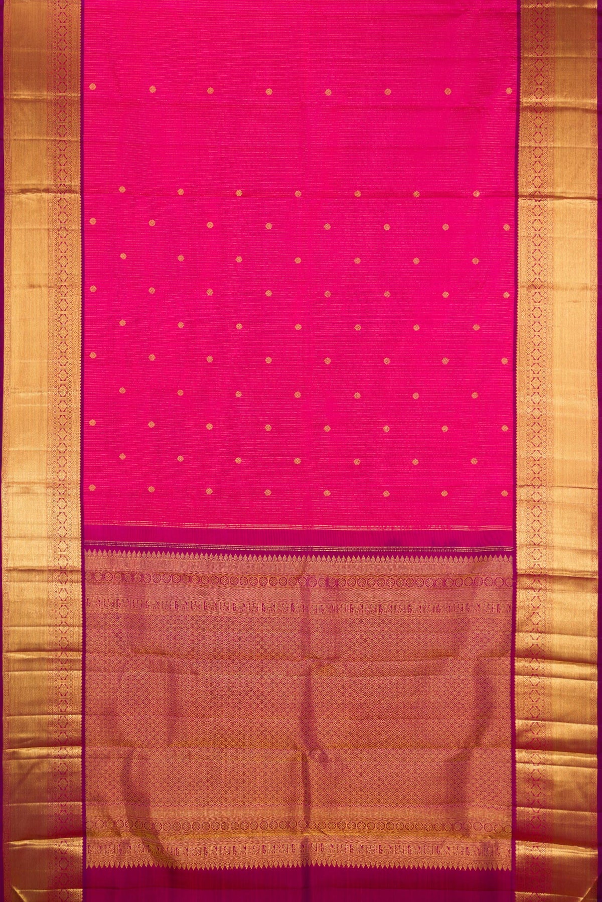 Flat view of Pure Silk Pink Kanjivaram Saree with Stripes on the body and Zari Border. 