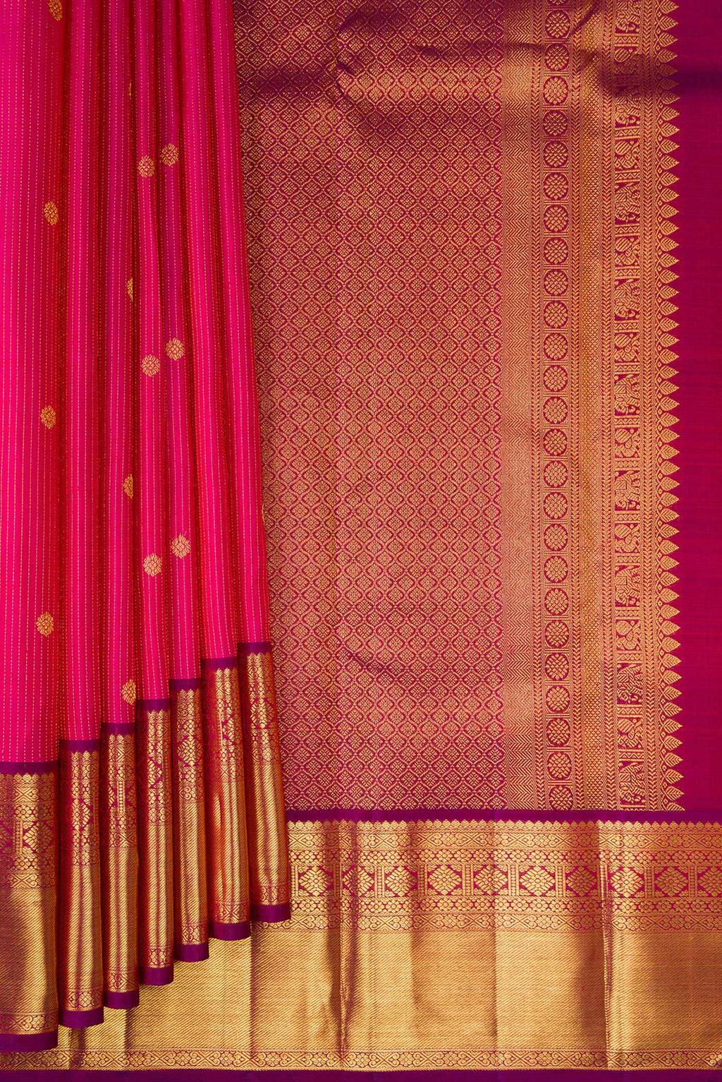 Pleats and pallu of Pure Silk Pink Kanjivaram Saree with Stripes on the body and Zari Border. 