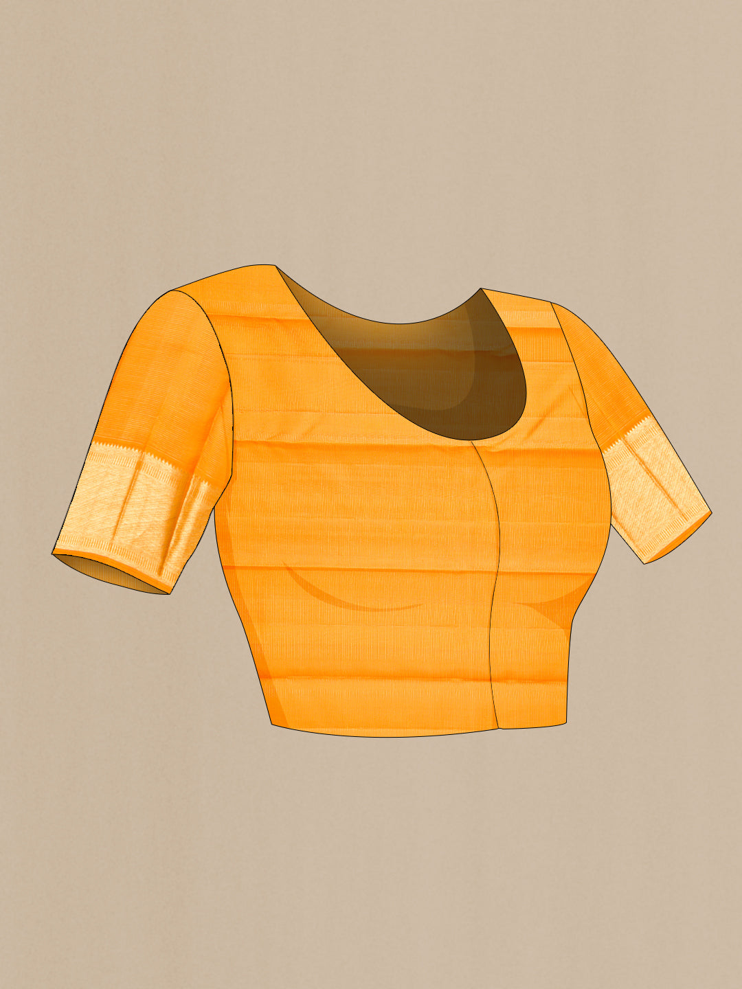 Close up image of the blouse of Pure Silk Mustard Kanjivaram Saree with Stripes on the body and Zari Border. 