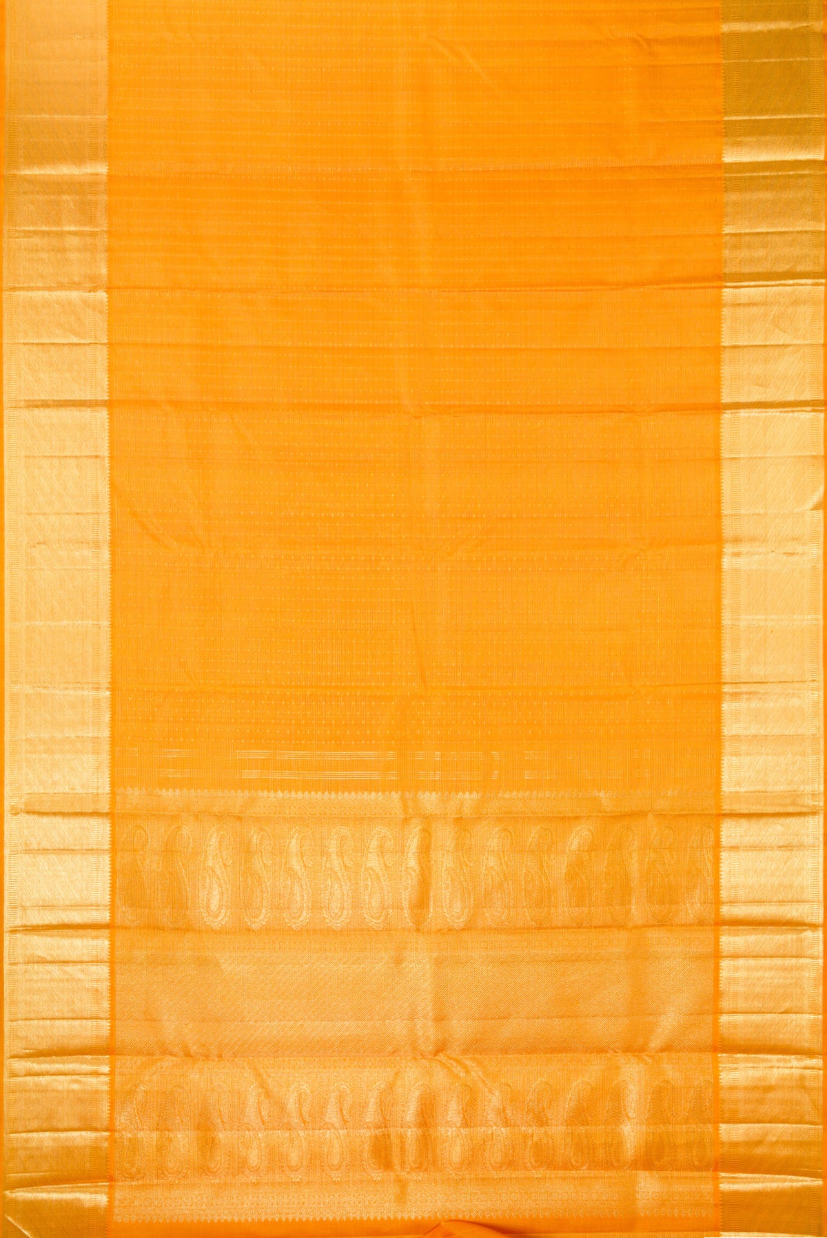 Flat view of Pure Silk Mustard Kanjivaram Saree with Stripes on the body and Zari Border. 