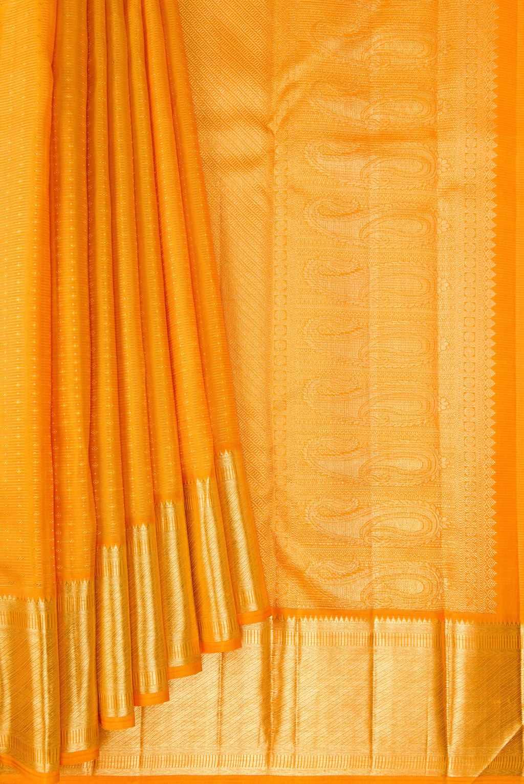 Pleats and pallu of Pure Silk Mustard Kanjivaram Saree with Stripes on the body and Zari Border. 