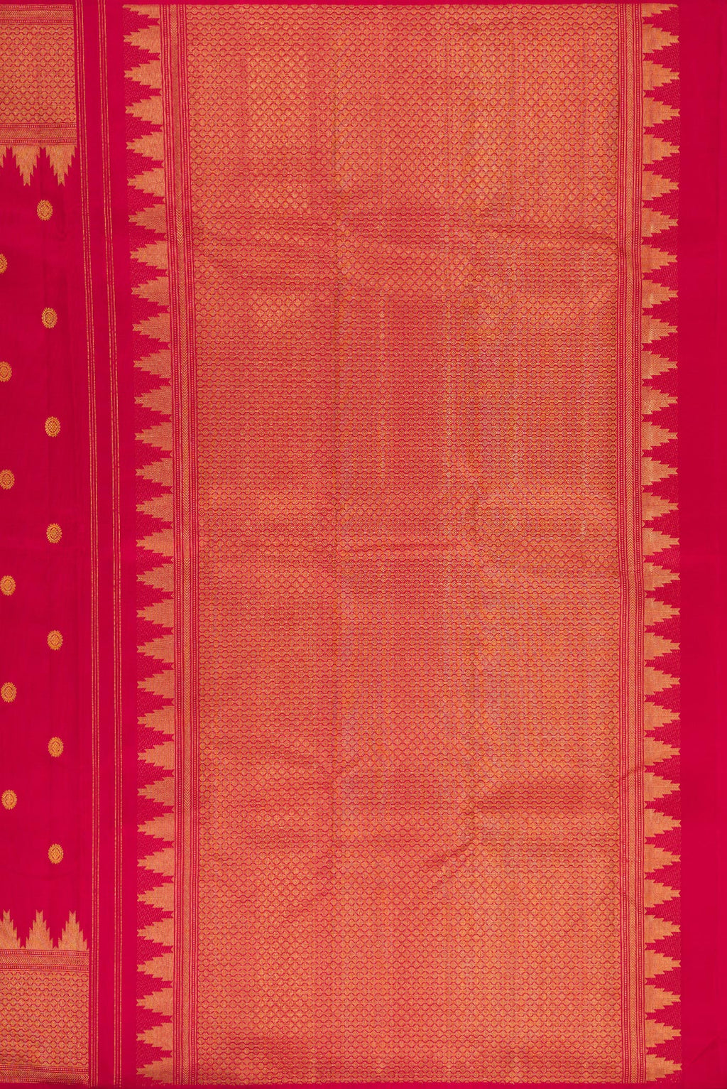Close up image of the pallu of Pure Silk Deep Red Kanjivaram Saree with Zari Butta on the body and Fancy Border. 