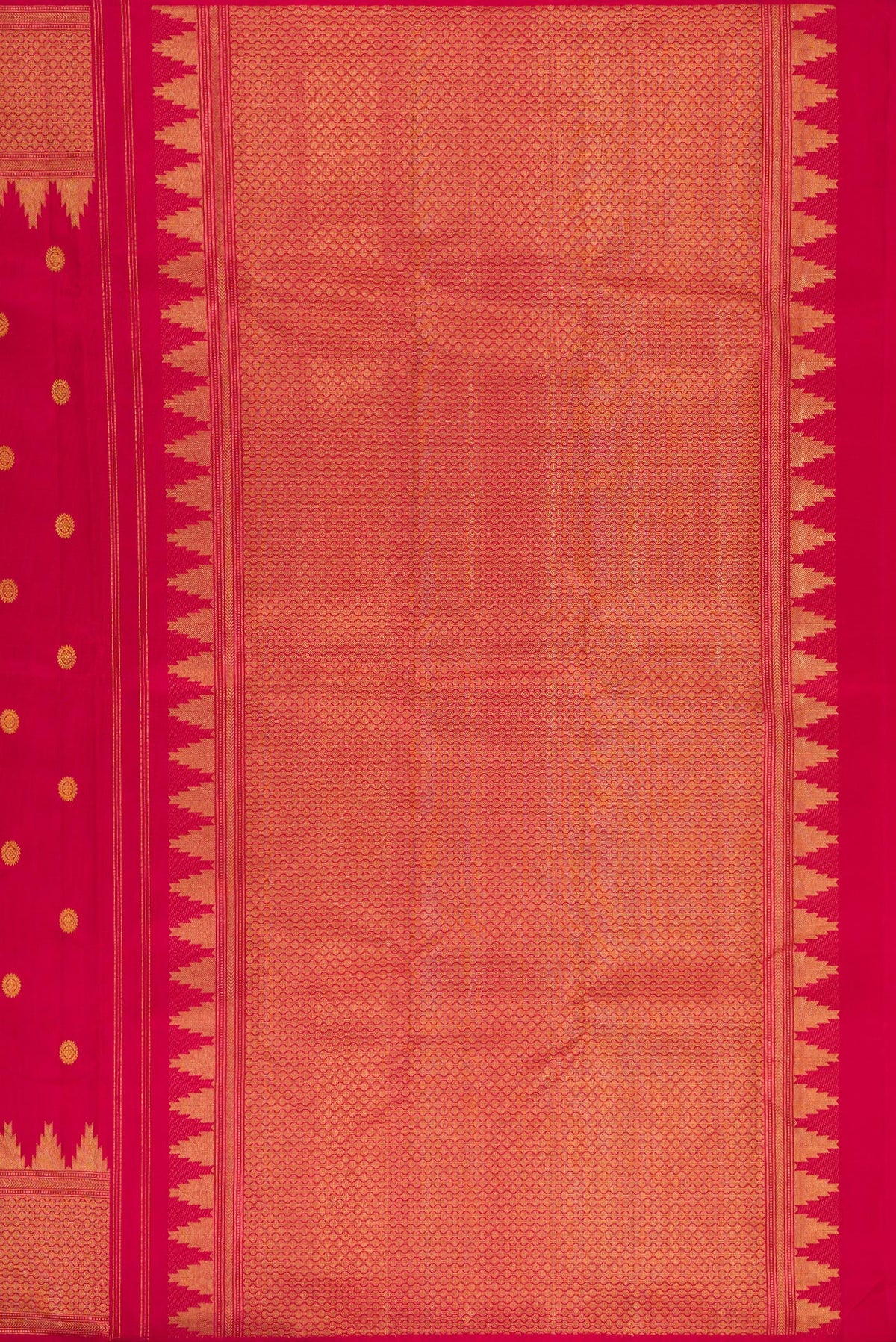 Close up image of the pallu of Pure Silk Deep Red Kanjivaram Saree with Zari Butta on the body and Fancy Border. 