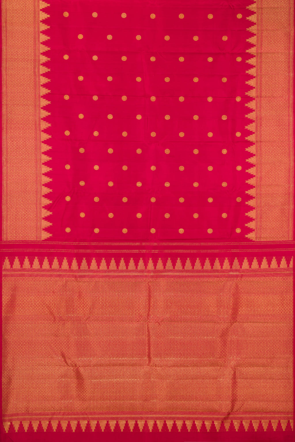 Flat view of Pure Silk Deep Red Kanjivaram Saree with Zari Butta on the body and Fancy Border. 