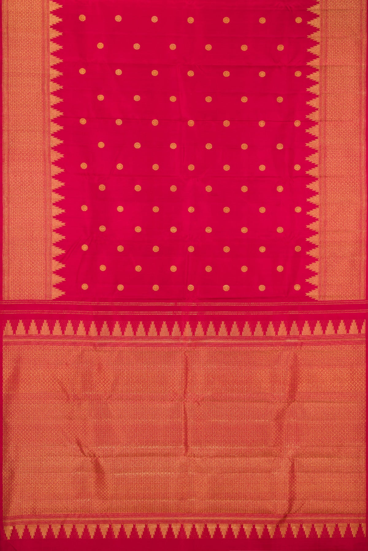 Flat view of Pure Silk Deep Red Kanjivaram Saree with Zari Butta on the body and Fancy Border. 
