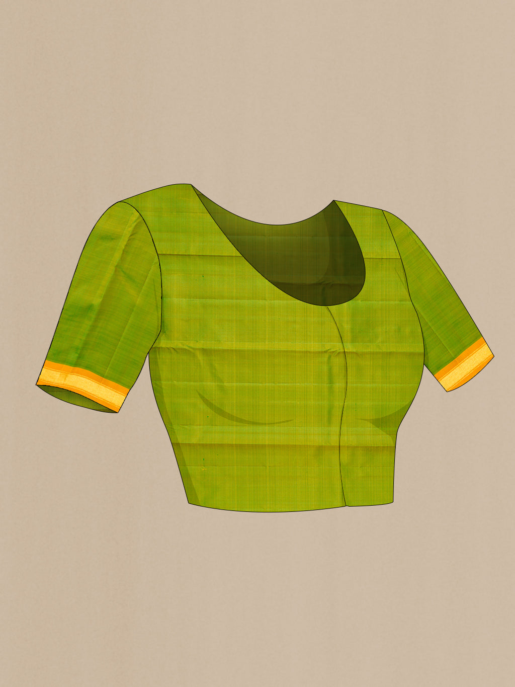 Close up image of the blouse of Pure Silk Green Kanchipuram Saree with Plain Body and Zari Border. 